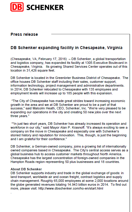 DB Schenker Expanding in Chesapeake
